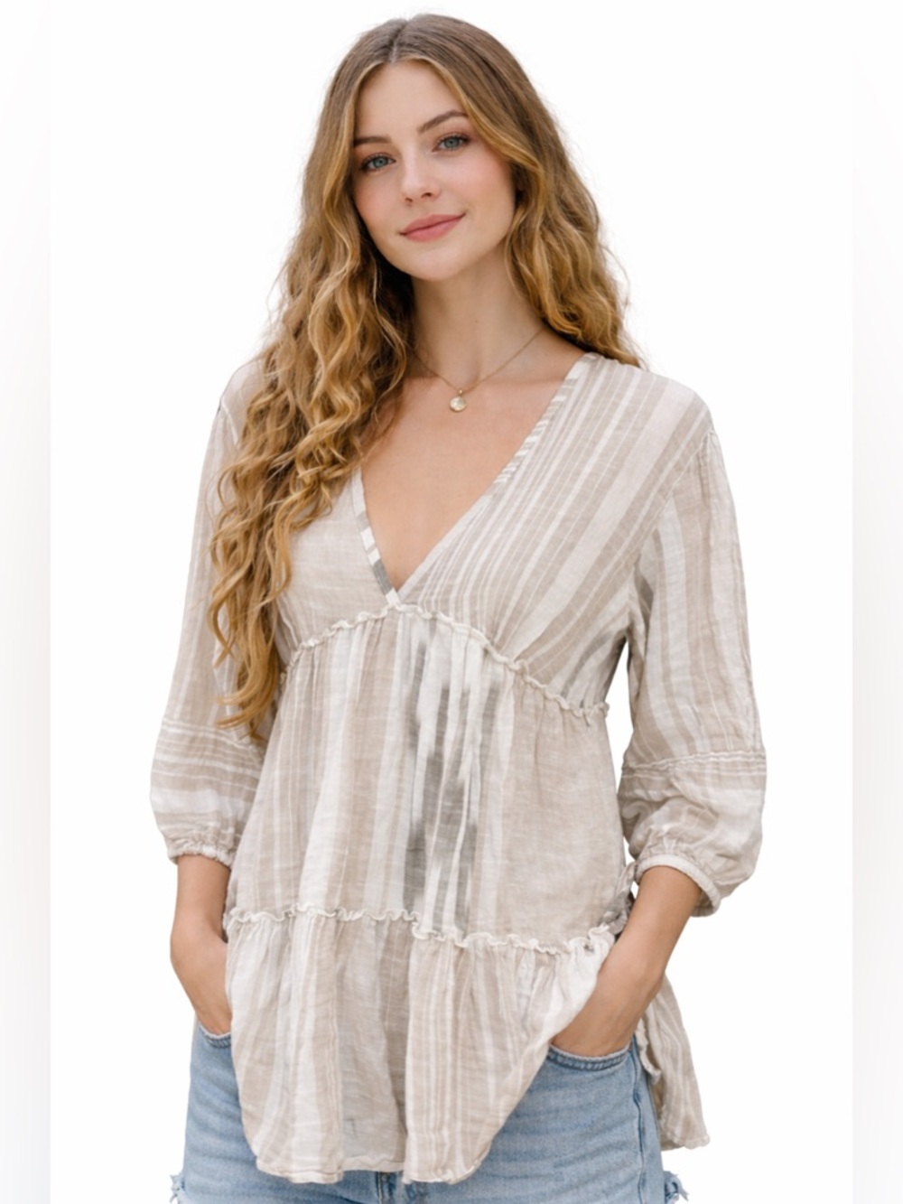Blue Island Boho Peasant Blouse Khaki Open Back Tassel Tie Tiered Cotton Top